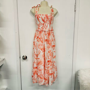 Torrid 0 Floral Challis Tie Strap Smocked Midi Dress Womens Size 12 Coral White
